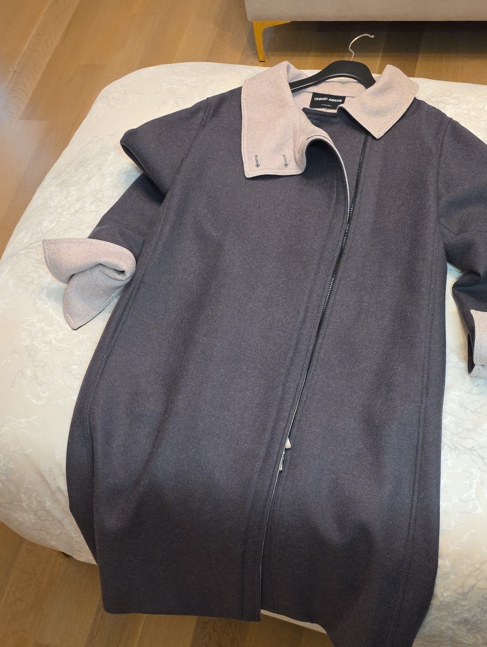 Giorgio Armani Charcoal Coat with Light Gray Contrast Collar